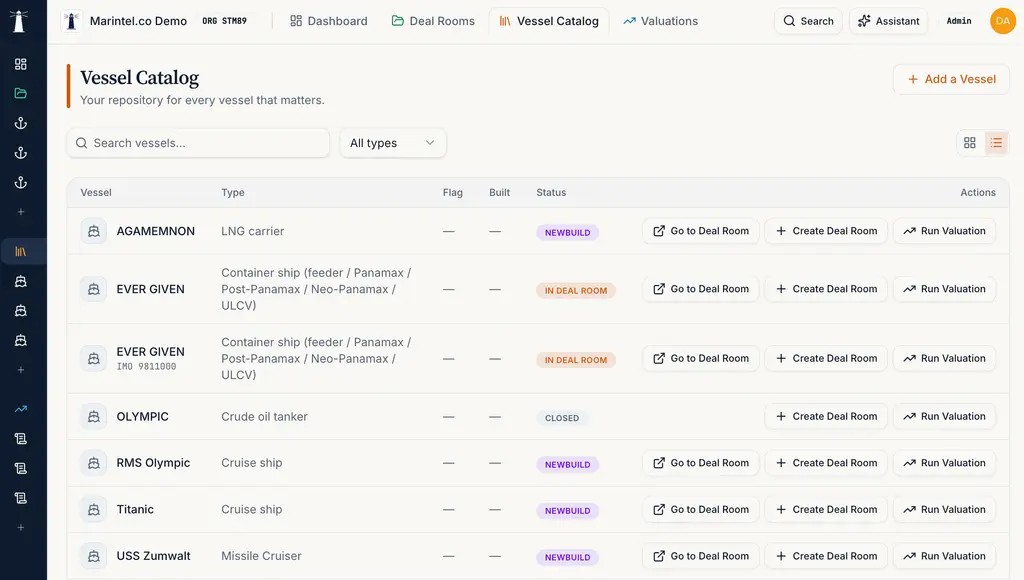 Vessel catalog showing fleet with vessel details, valuations, and compliance status